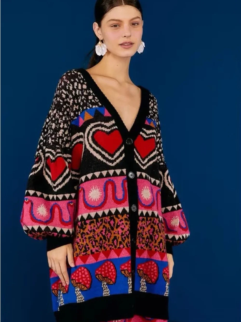 FARM Rio Black Cardigan with Red and Pink Heart Motifs - Picture 2 of 4
